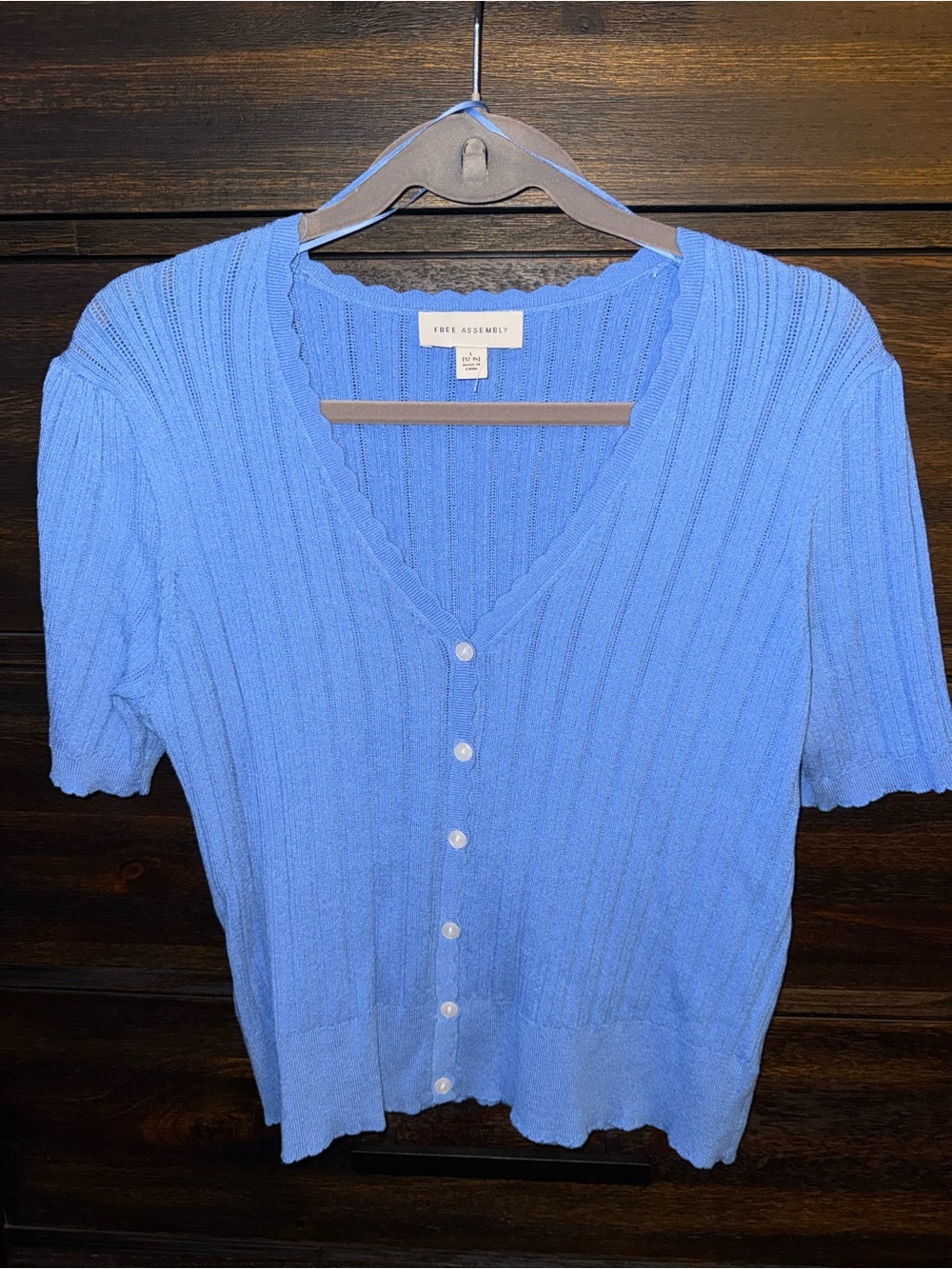 FREE ASSEMBLY Blue Knit Button-Up Short Sleeve Top